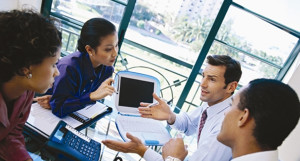 portrait of a young business executives teleconferencing